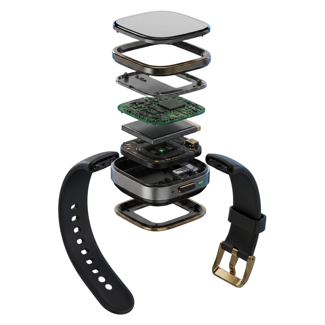 Explosionsdarstellung des ZEUS Wearables mit Titanschale, Elektronikring und Sensorik