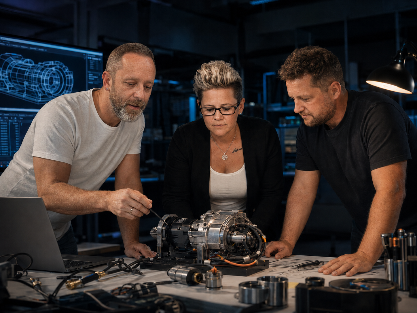 Entwicklungsteam bespricht eine technische Baugruppe im Labor