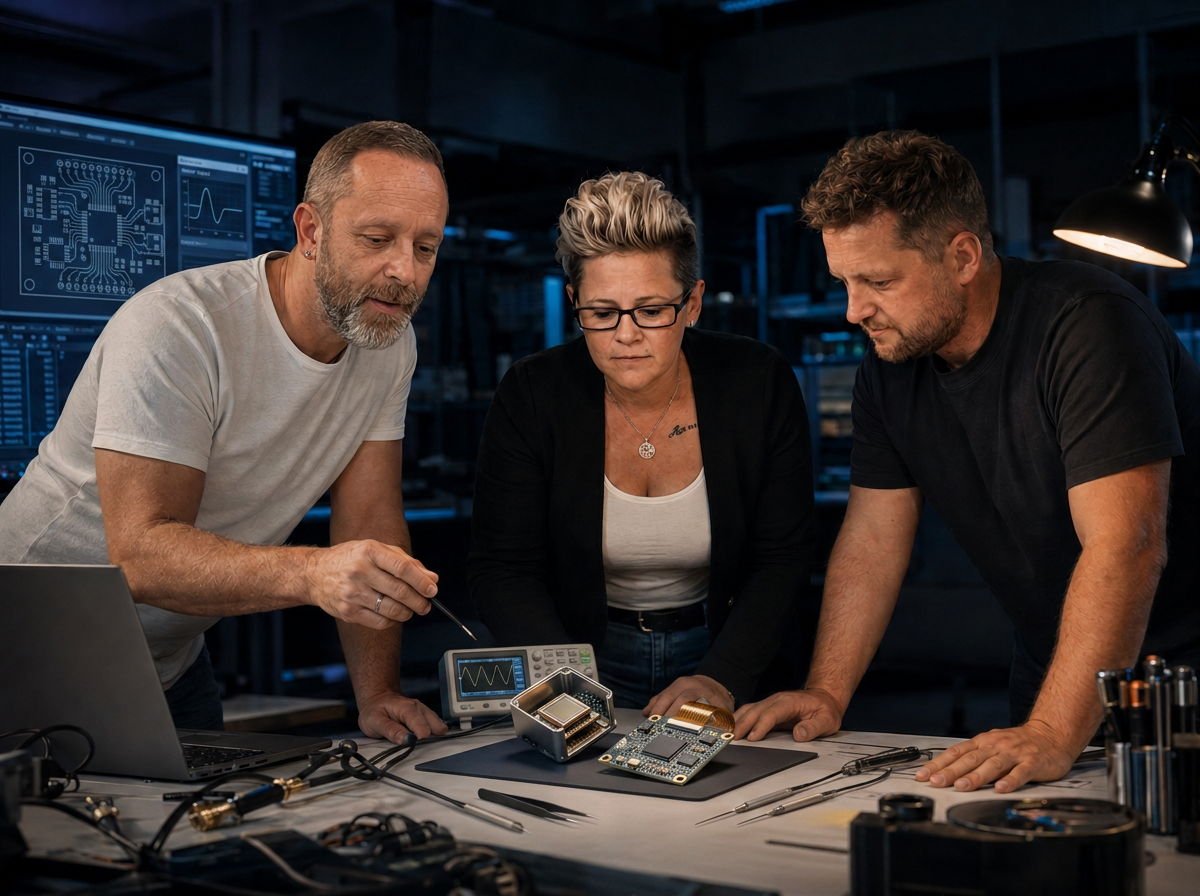 Entwicklungsteam bespricht eine technische Baugruppe im Labor