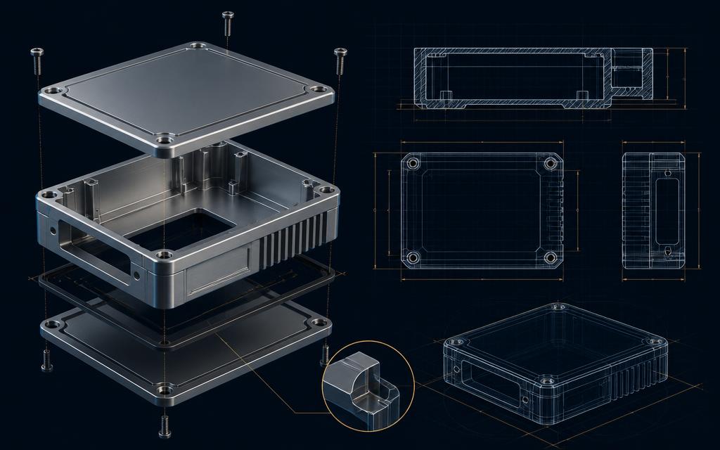 Explosionsdarstellung eines gefrästen Aluminiumgehäuses mit CAD-Schnittzeichnungen