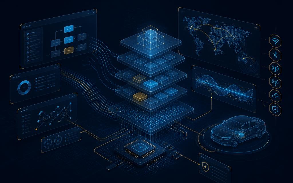 Schematische Darstellung einer Embedded-Software-Architektur mit Datenflüssen